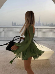 BXOXO Unique Split Long Sleeves V Neck Woman Soft Mini Dress Sexy Lady Pleated Hem Green Short Dresses New Fall Beach Party Vestidos