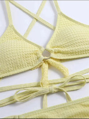 Bxoxo Sexy Yellow Bikini Women Solid Halter Ring Linked Criss Cross Cover Up 3 Piece Swimsuit 2024 Bathing Suit Ruffles Skirt Swimwear