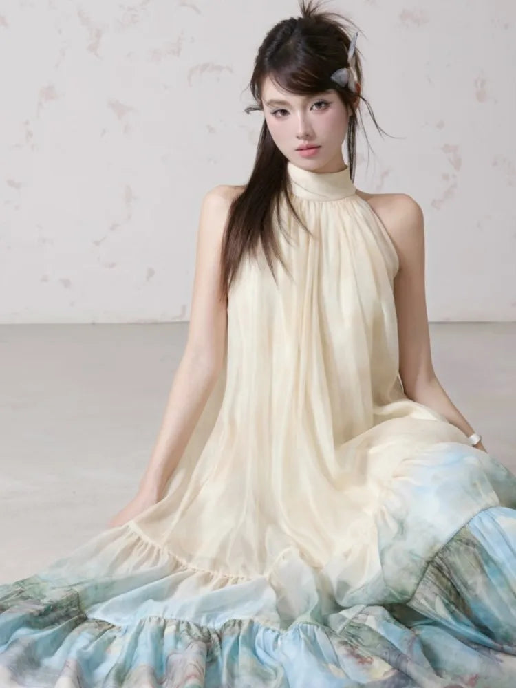 Bxoxo Women Summer Fashion Vintage Print Hanging Neck A-Line Dress Off-shoulder Sleeveless Pleated Dresses Casual Female Clothes Robe