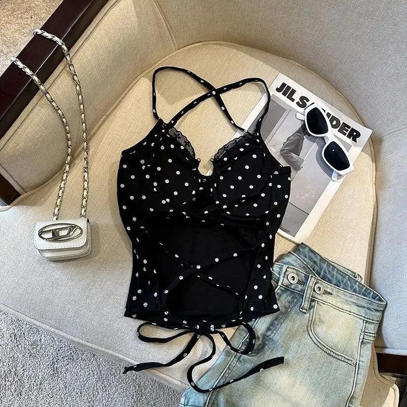 BXOXO Sling Slim T-shirt Woman Clothing Punk Polka Dot Sexy Y2K Goth Vintage Backless V-Neck Harajuku Korea Grunge Hot Girl 2000s Tees