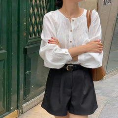 Bxoxo Retro Ele Gentle round Ne Pleated Long Sve irt Translucence Single Button Loose Fit Lantern Sve Pure Color Wome...