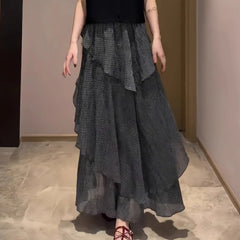BXOXO Vintage Plaid Skirts Women Irregular High Waist 2025 Fashion Ruffles French Style Chic Elegant Ladies Long Skirt Casual