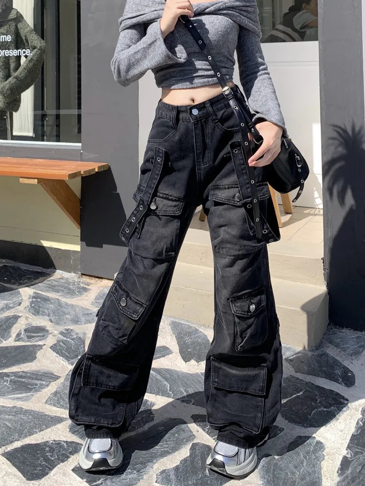 2000S Clothes Y2K Streetwear Washed Black Baggy Cargo Jeans Pants For Women Wide Leg Multi Pockets Straight Loose Lady Trousers