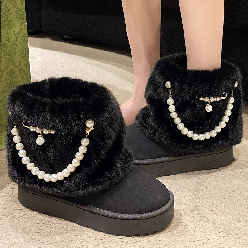 BXOXO Winter New String Bead Plush Women's Boots Warm Stylish Thick Platform Slip On Boots Faux Fur Plus Size 43 Ankle Botas Shoes