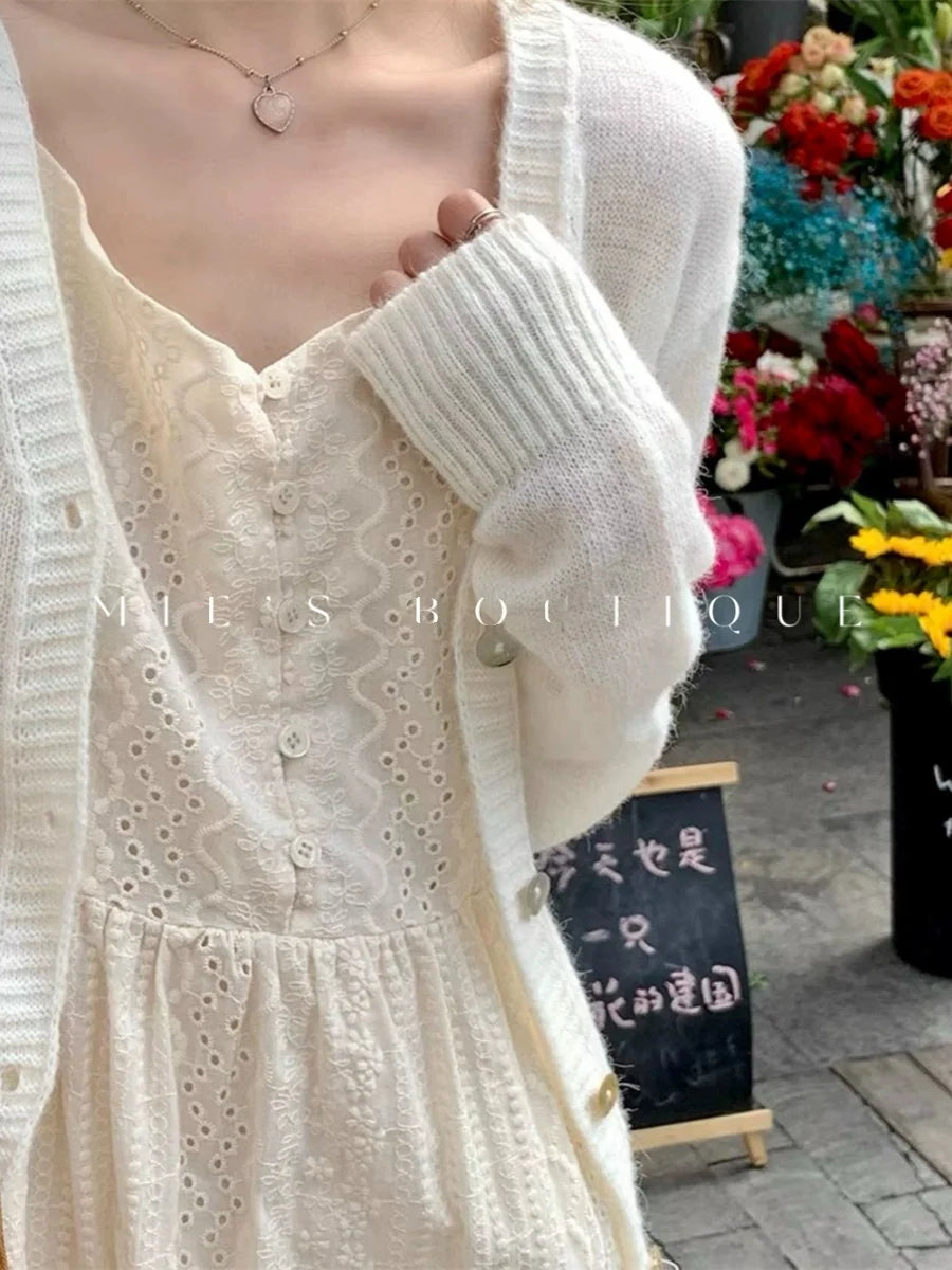 Bxoxo A-Line Lace Dr Hollow out Button Detail Inner  Strapl Long Skirt High Waist Commute Sle Pure Color Gown