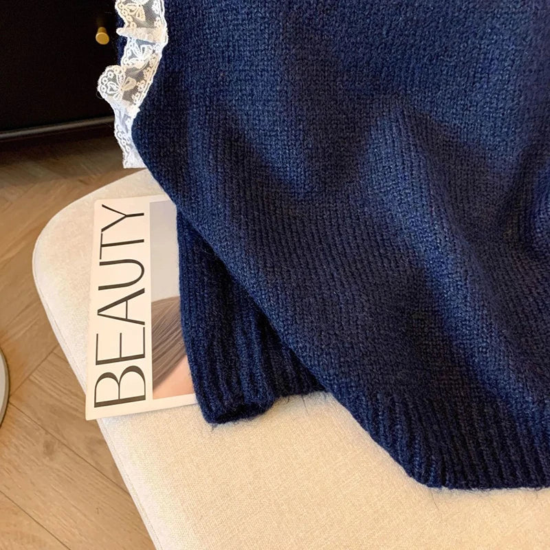 Bxoxo Lace Patchwork Sweet Sweater Vest Women Vintage O Neck Casual Knitted Tops Korean Preppy Style Lady Lazy Wing Cute Vest New