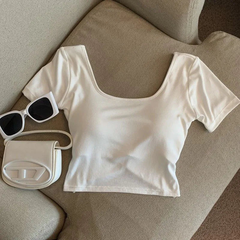 Bxoxo Cotton Square Neck T-Shirt Women Summer Solid Korean Casual Slim Crop Tops Female Fashion Streetwear Simple Basic All-Match Tees