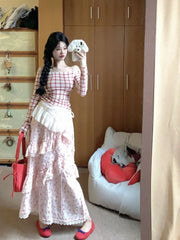 BXOXO Skirts Women Polka Dot Bow Printed Lace Patchwork Ruffles Sweet Summer Fashion Cake Long Skirt Female Casual Chic