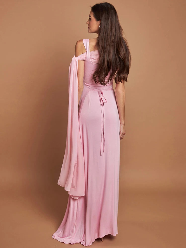 BXOXO Pink Cape Sleeve Sexy Maxi Dress For Women Off-shoulder Backless Gown Elegant Skew Collar Lace-up Long Dress Vestido