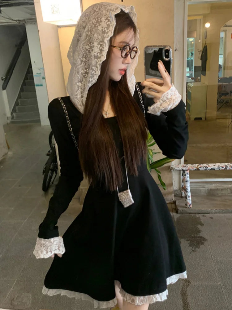 Bxoxo Women's French Lace Patchwork Y2K Dress Hooded Long Sleeves Slim Waist A-Line Short Skirt 2025 New Spring Summer Chic Vestidos