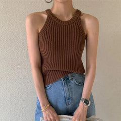 Bxoxo Elegant Slim Knitted Camis for Women Summer Korean Chic O Neck Sleeveless Tank Y2K Solid Simple Basic All Match Vest Mujer