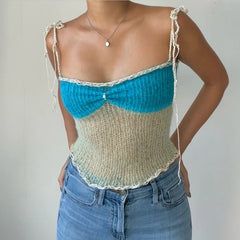 BXOXO Kawaii Girl Knitted Tie-up Strap Crop Top Sexy Hollow Out Backless Camisole Chic Women Vintage Mini Vest Y2K Retro Streetwear