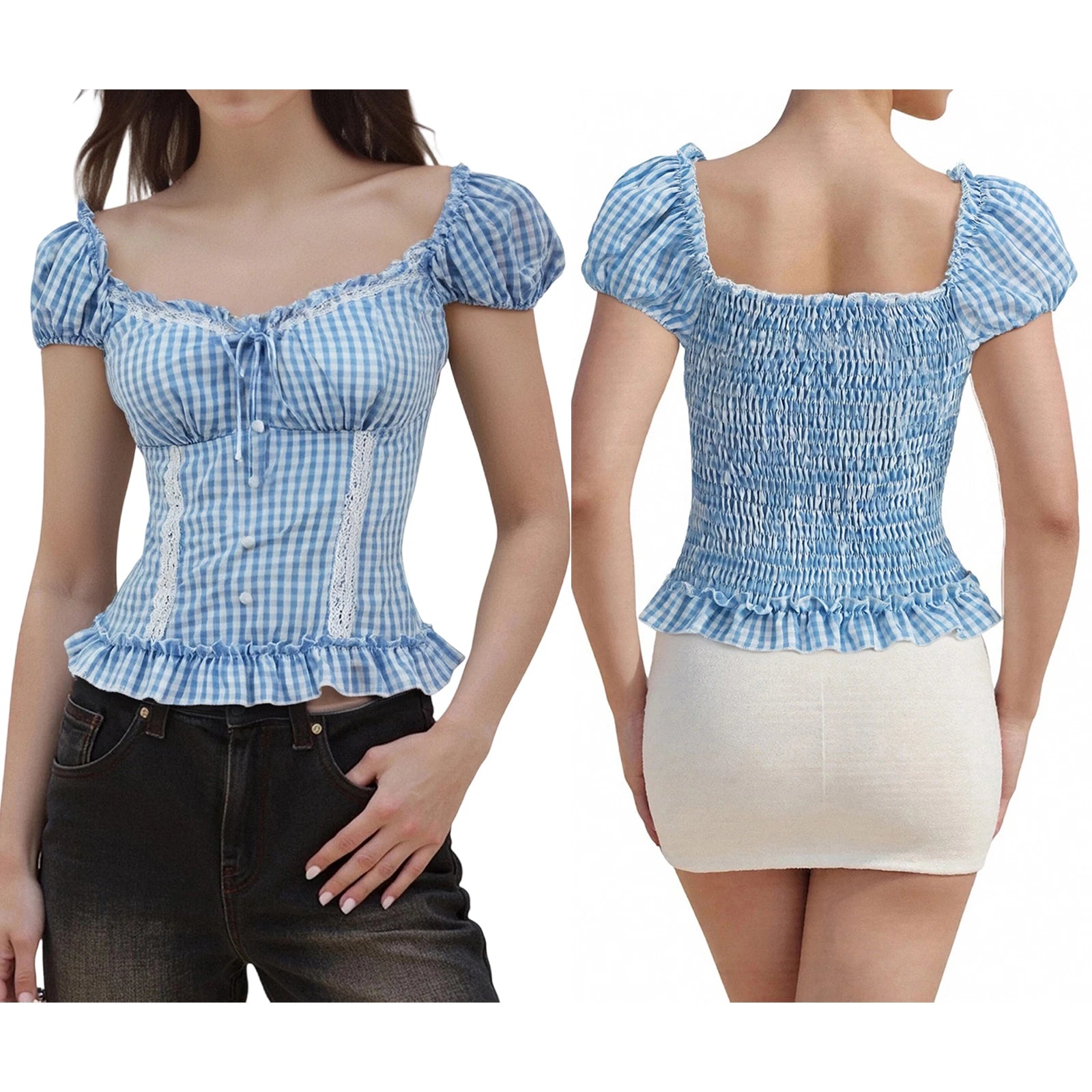 Bxoxo y2k Crop Top Women Summer Clothes Plaid Print Lace Patchwork Short Sleeve T Shirts 2000s Aesthetic Clothing Streetwear
