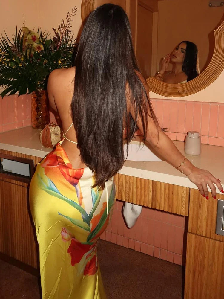 BXOXO Sexy Dress Women Lace-Up Backless Floral Print Ruched Swing Collar Sleeveless Robe Vacation Trend Beach Party Outfits