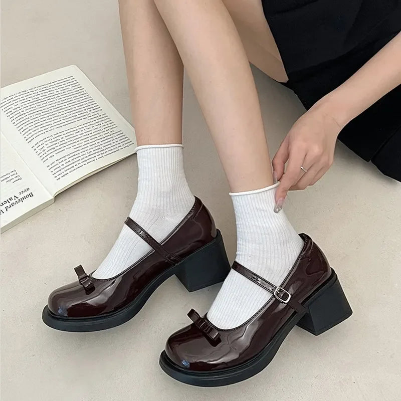 BXOXO Brown Jk Uniform Shoes British Style Retro Japanese Mary Jane Shoes Women's Lolita Bow Sweet Girls Kawaii Mid Heel Cute Laofers