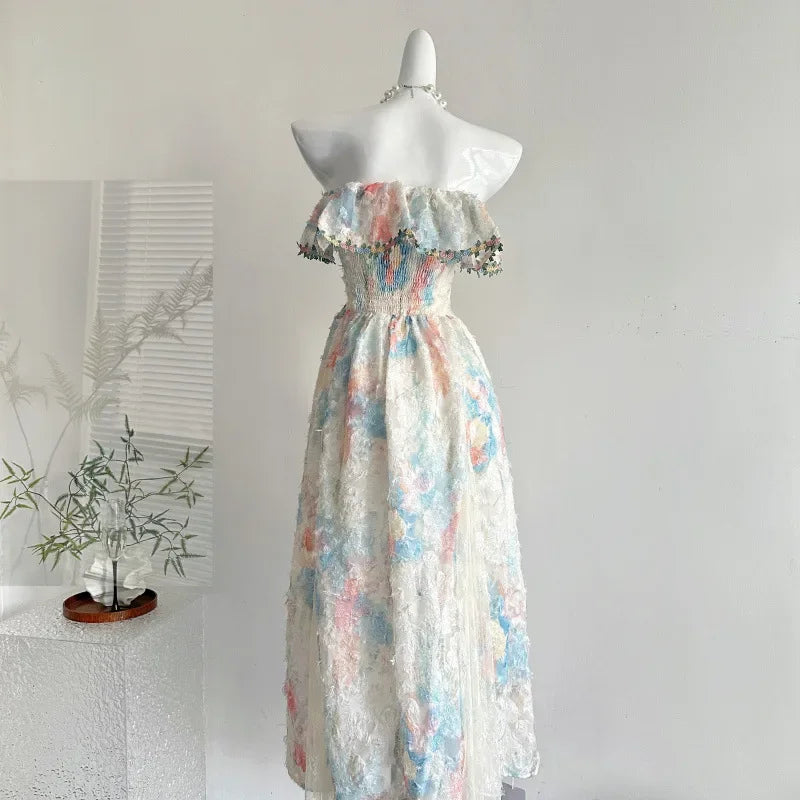 Bxoxo Sweet Fairy Tale Alice French Style Off-Shoulder Dress High Collar Full Sleeve Ankle-Length Beach Vacation Gown Quality
