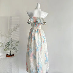 Bxoxo Sweet Fairy Tale Alice French Style Off-Shoulder Dress High Collar Full Sleeve Ankle-Length Beach Vacation Gown Quality