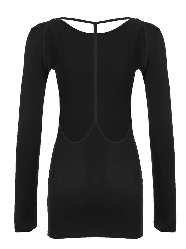 BXOXO Backless Chic Fashion Skinny Sexy Long Sleeve Short Dress Women Rave Baddie Clubwear Black Solid Party Dresses