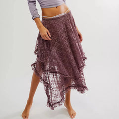 BXOXO Floral Lace Long Skirt for Women Y2K Elastic Waist Asymmetrical Layered Maxi Skirt Sexy See Through Flowy Beach Skirt