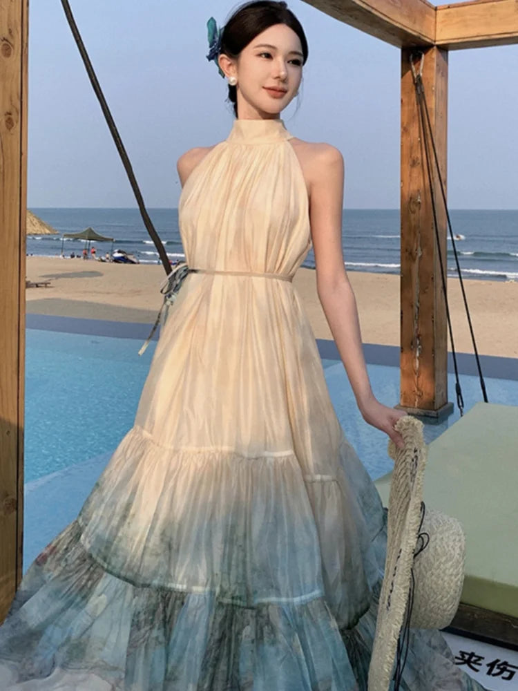 Bxoxo Women Summer Fashion Vintage Print Hanging Neck A-Line Dress Off-shoulder Sleeveless Pleated Dresses Casual Female Clothes Robe
