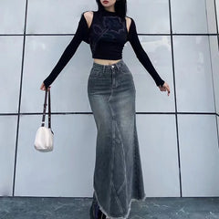 BXOXO Autumn Retro Classic All-Match Skirt Women Casual Commuter Outing Tight Sexy Irregular Long Denim Vitality Skirt Girl Cool