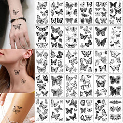 BXOXO 30 Sheets Black Butterfly Temporary Tattoos for  Women Waterproof Tattoo Stickers Suitable for Arm Body Realistic Fake Tattoo