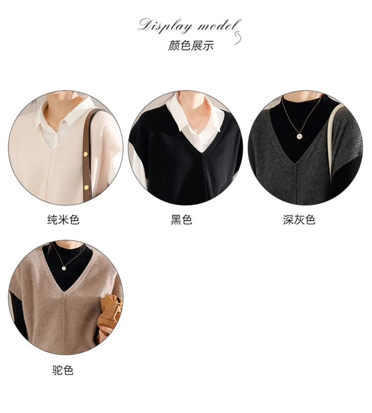 Bxoxo Cashmere Vest Ladies New 100%Pure Wool Knit Waistcoat Spring V-Neck Large Size Sweater Wild Sleeveless Vest Solid Loose Top