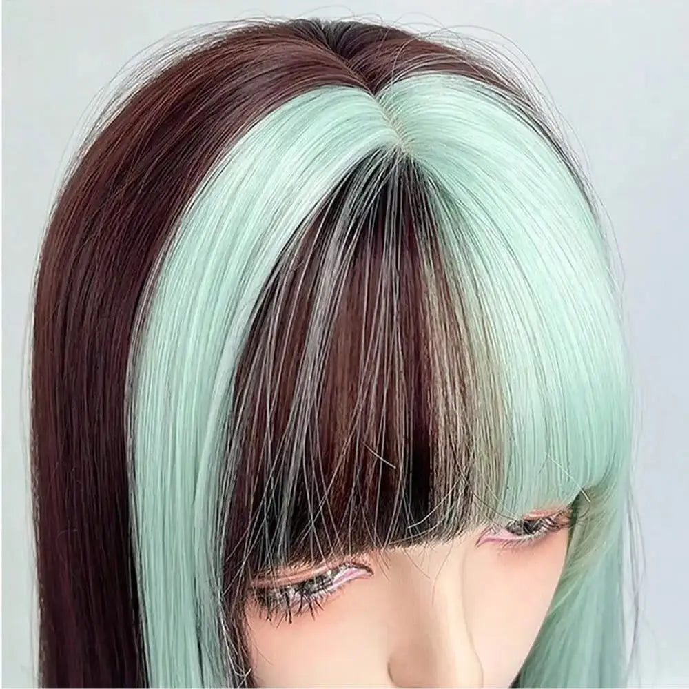 BXOXO Women Synthetic Long Straight Green Brown Layered Ombre Mix Wig Lolita Cosplay Fluffy Hair Wig for Daily Party