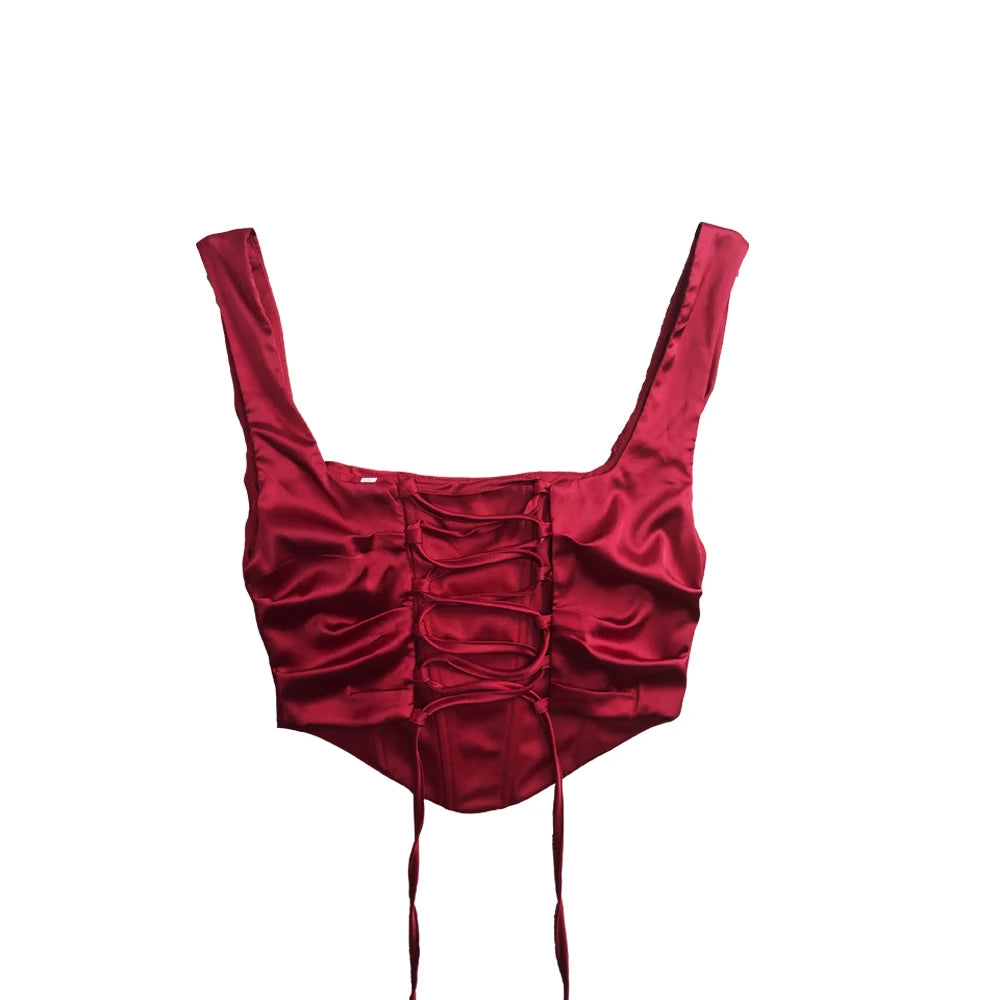 Bxoxo Wine Christmas Dress Women Satin 2 Piece Dress Set Elegant Bodycon Corset Cropped Top and Long Skirt Women Clothing