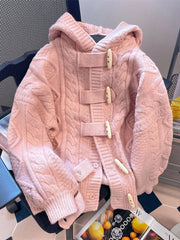 Bxoxo Preppy Style Sweet Pink Cardigan Sweaters Women Loose Long Sleeve Hooded Knitted Jacket Fall Winter Vintage Korean Cute Tops New