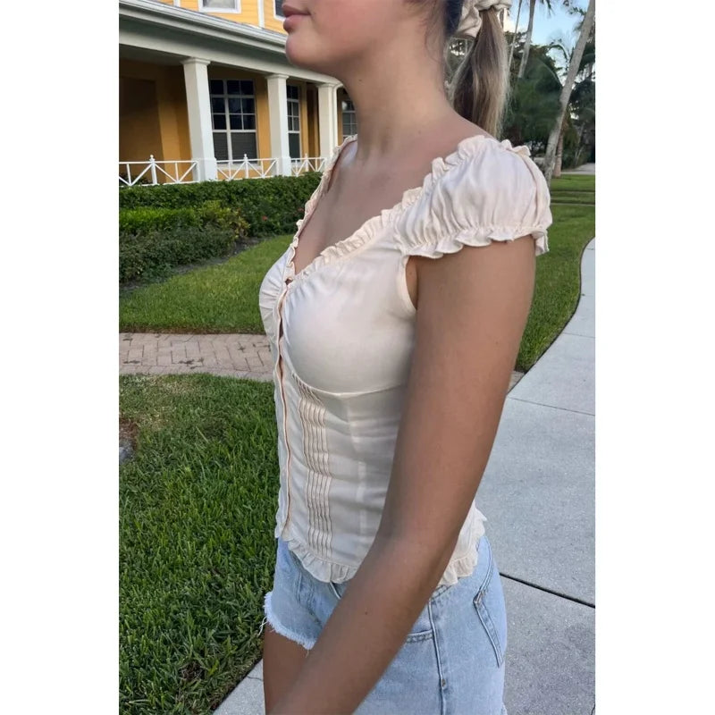 Bxoxo y2k Tank Top Women Summer Clothes Solid Color Cap Sleeve Button Down Slim Fit Frill T Shirt 2000s Vest Streetwear
