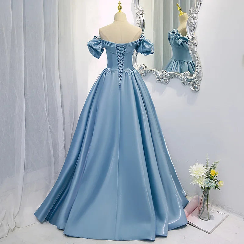 BXOXO New High-End Feel Off-Shoulder Blue Satin French Style Evening Dress For Women's Formal Performance Costume
