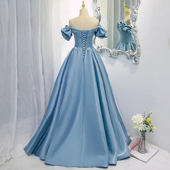 BXOXO New High-End Feel Off-Shoulder Blue Satin French Style Evening Dress For Women's Formal Performance Costume