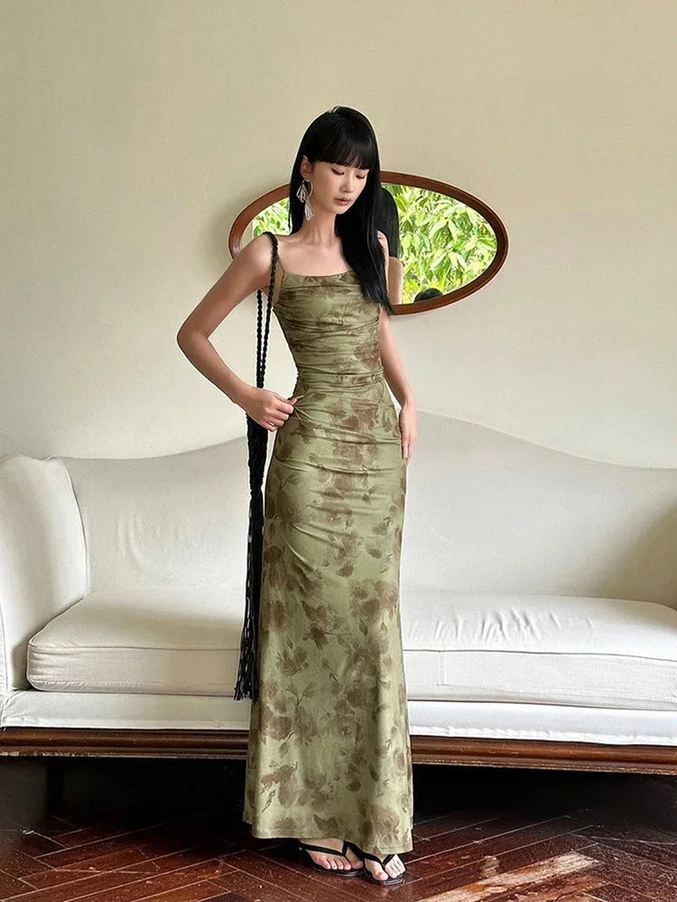 Bxoxo Retro Printed Camis Dress Women Summer Sexy Slim Spaghetti Straps Backless Party Dress Korean Chic Elegant Beach Vestidos New