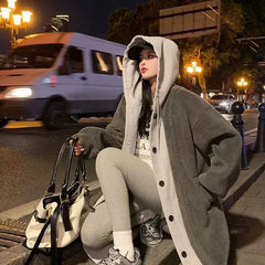 BXOXO Women's Autumn Winter Style Fit Thickened High-end Feel Medium-length Illusion Hooded Jacket Two-piece Faux Lamb Wool Overcoat