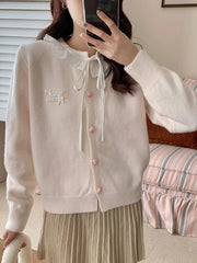Bxoxo Ruffles Sweet Cardigan Women Cute Long Sleeve Bow Sweaters Preppy Style O Neck Japan Kawaii Letter Lace Up Love Buttons Top