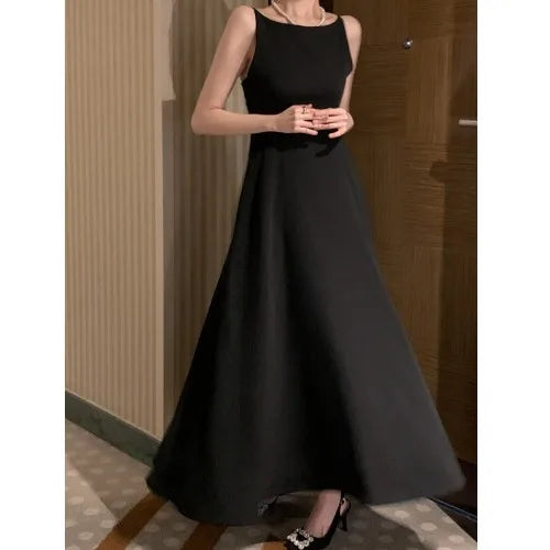 Bxoxo South korea Chic Gentle Sle Light Luxury off-Shoulder Advanced Design Sense  Sleeveless Long Versatile Dress