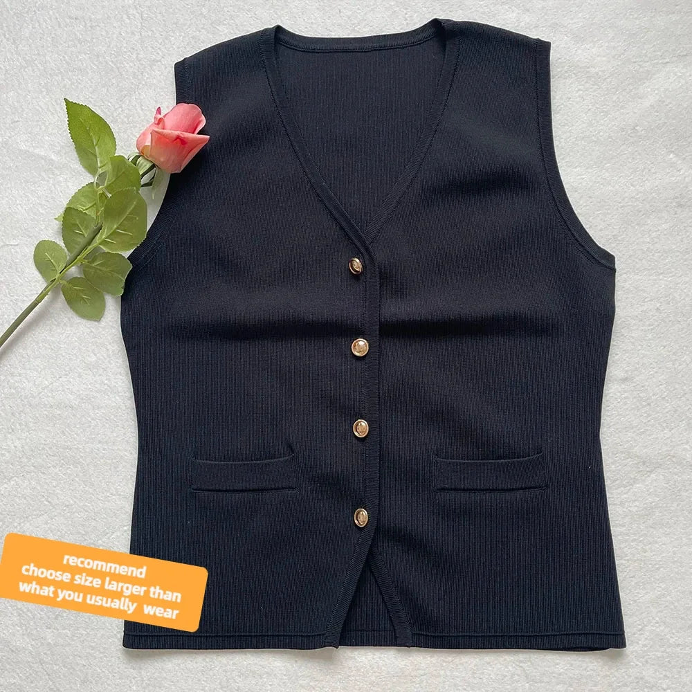 BXOXO Old Money Top Women Chic France Stylish V-neck Knitted Vest Solid Color Elegant Tops trends Waistcoat Minimal Style