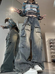 Bxoxo American Streetwear Cargo Jeans Women Y2K 90S Retro High Waist Washing Loose Denim Trousers Hip Hop Pockets Wide Leg Pants