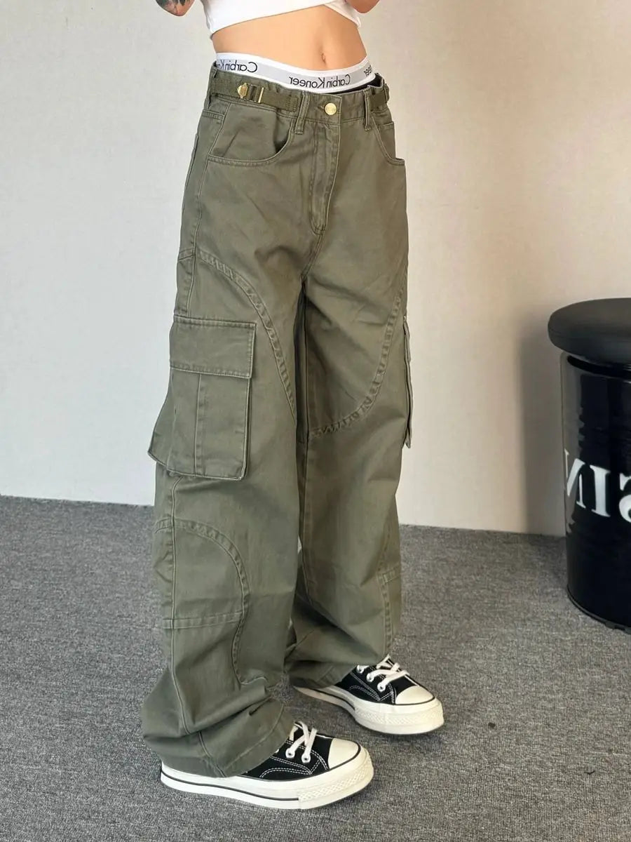 Bxoxo Y2k Green Vintage Cargo Pants Women Harajuku Multiple Pockets Korean Fashion Denim Pants Baggy Hip Hop Trousers Spring