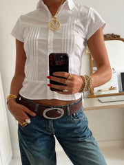BXOXO Sweet Solid Simple Office Lady T-Shirts Summer Short Sleeves Slim Fit Folds Button Fashion New Women’s Clothing