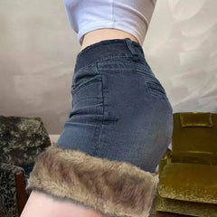 Bxoxo Y2k Vintage Denim Skirt Women Sexy Harajuku Fur Patchwork Mini Skirts Retro Slim Up Streetwear A-line Short Skirts