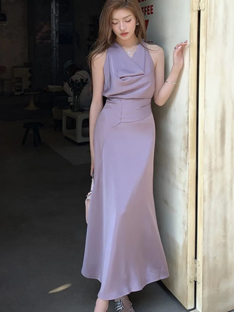 Bxoxo Women's Spring Summer Elegant Purple Party Long Dresses French Fashion Vintage Swing-Collar Lace-up Slim New Dress Prom Female