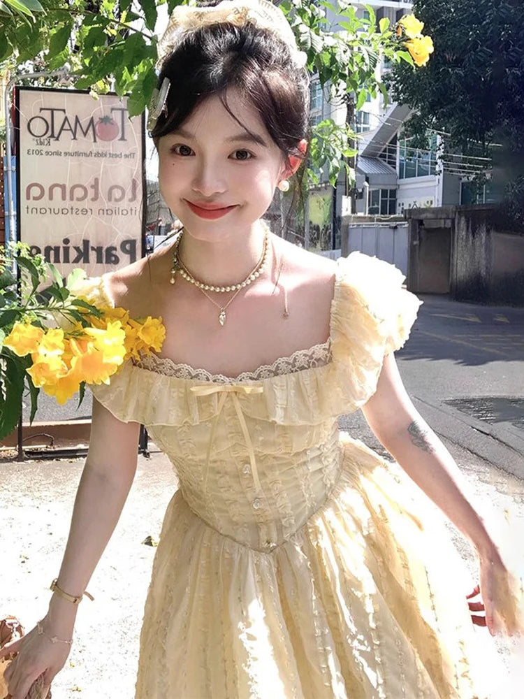 BXOXO Sweet Sexy Slim Yellow Dress Women Fashion Lace Patchwork Cute Mini Dress Chic Square Collar Puffy Sleeve Elegant Vestidos