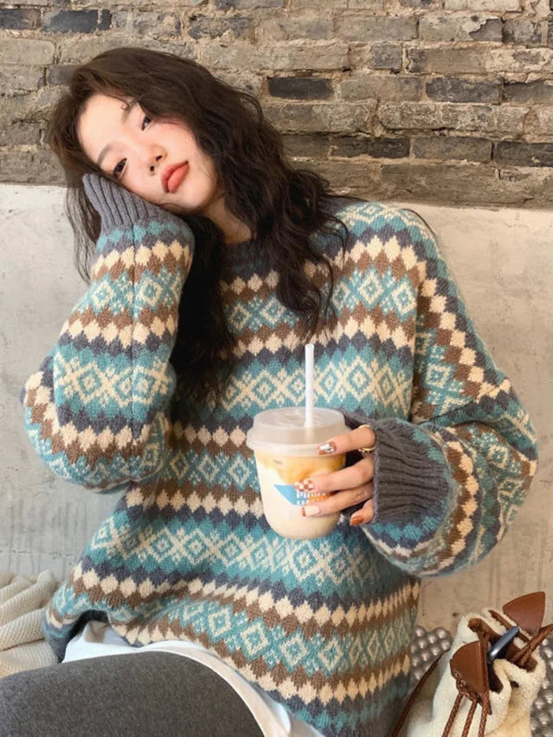 Bxoxo Winter Knitwear Pullover Sweaters For Women Top Blue Vintage Long Loose Autres Sweats Warm Korea Fashion Kawaii Jersey Jumper