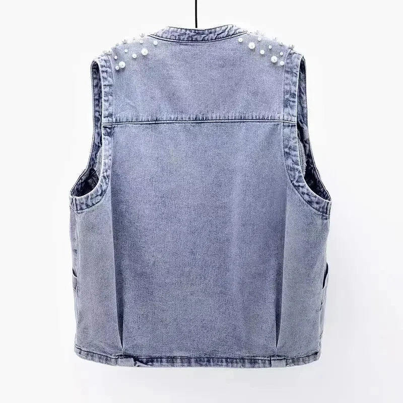 BXOXO New Summer Women's Beaded Denim Tank Top Sleeveless Top Cutting Street Clothing Jeans Jacket Korean Fashion Tank Top