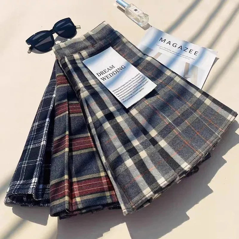 Bxoxo Plaid Woolen Pleated Skirts for Women Fall Winter High Waist Preppy Warm Mini Skirts Lady Fashion Korean All-Match A Line Skirts