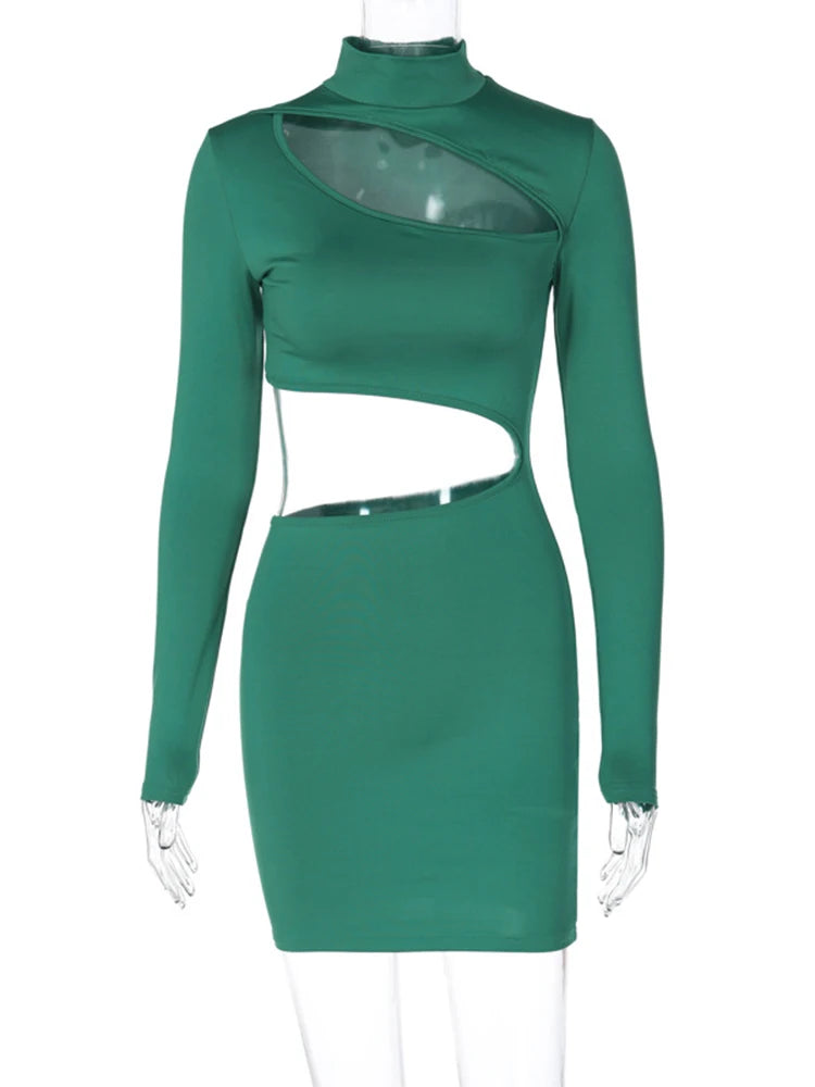BXOXO Solid Long Sleeve Cut Out Mini Dress For Women Bodycon Sexy Streetwear Party Club Outfits Spring Summer Clothes Y2K