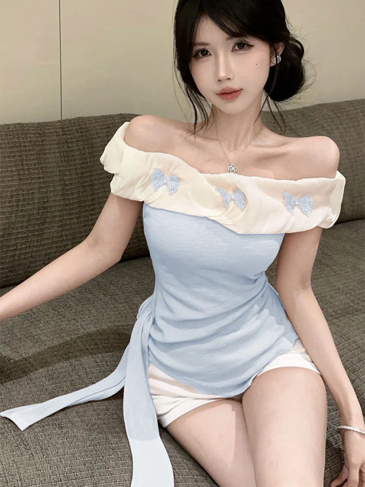 BXOXO Sexy Off Shoulder Slim T Shirt Women Elegant Fashion Slash Neck Sweet Tees Korean Lace Up Design Irregular Butterfly Tops