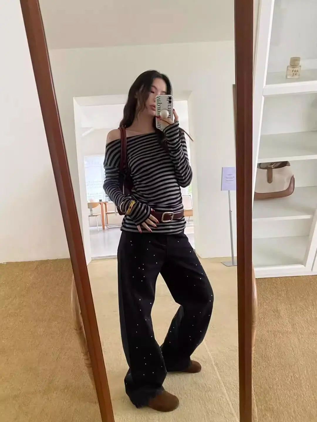 Bxoxo Vintage Striped Women T-Shirts Skew Collar Off Shoulder Long Sleeve American Retro Tees Slim Casual Streetwear Spring